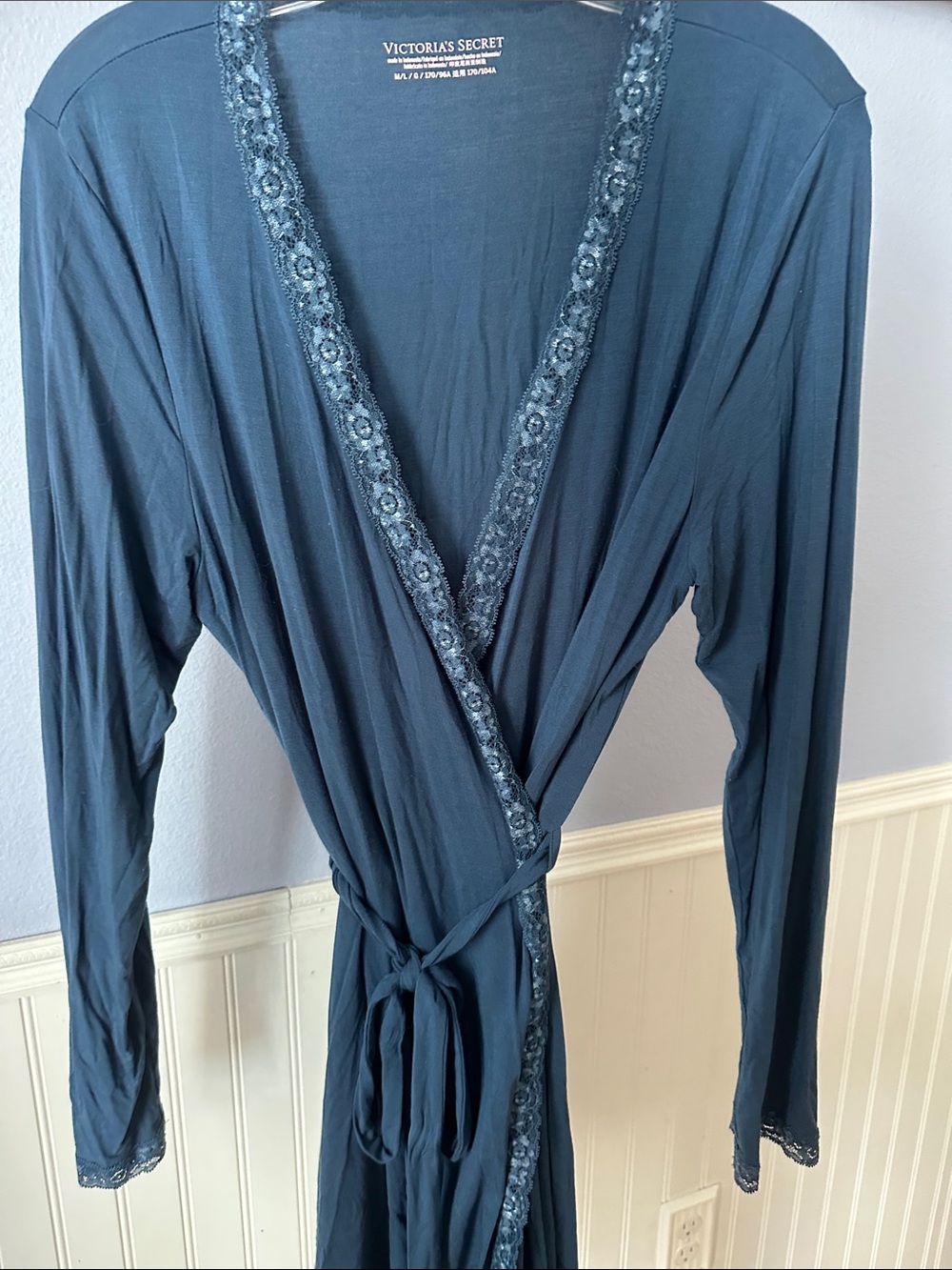 Victoria's Secret Modal Dark Blue Lace-Trim Wrap Robe